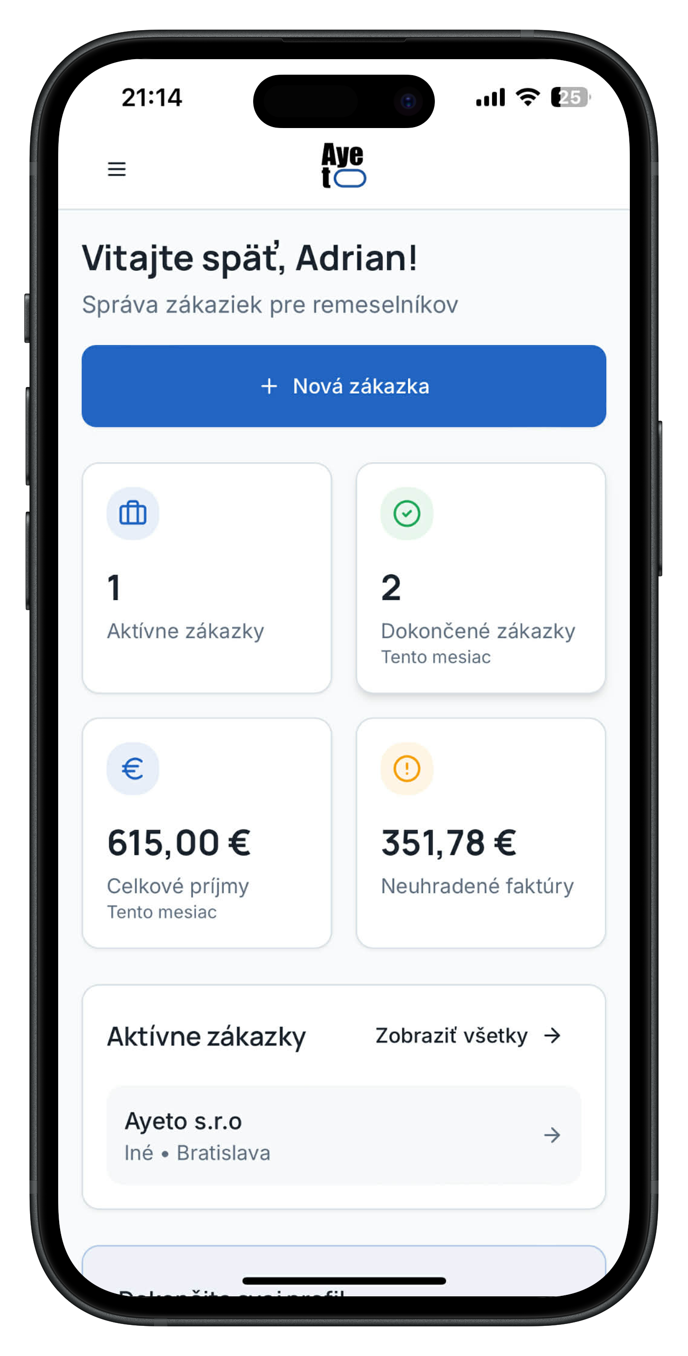 AYETO appka — dashboard so zákazkami a prehľadom príjmov